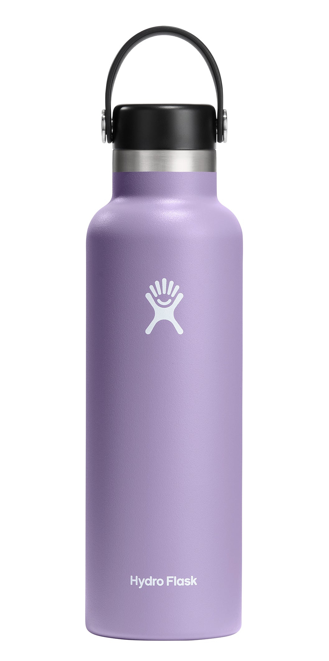 A lavender water bottle with a black lid and handle. The bottle has the text "Hydro Flask" and a logo on the side.