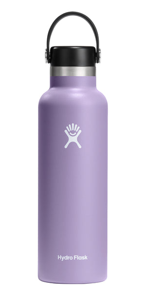 A lavender water bottle with a black lid and handle. The bottle has the text "Hydro Flask" and a logo on the side.