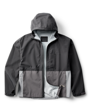 Gray hooded jacket with zipper.