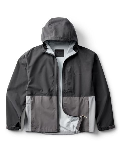Gray hooded jacket with zipper.