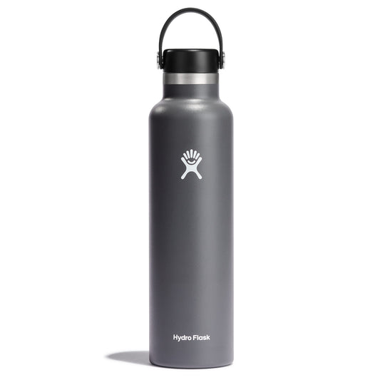 Gray water bottle with black lid and white logo.