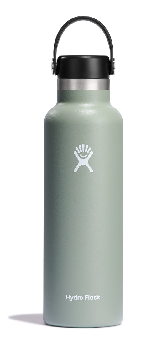 A sage-colored water bottle with black cap and handle, featuring a white logo and the text "Hydro Flask".