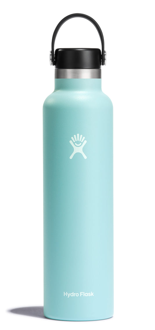 Light-blue water bottle with a black lid and handle. "Hydro Flask" is printed at the bottom.