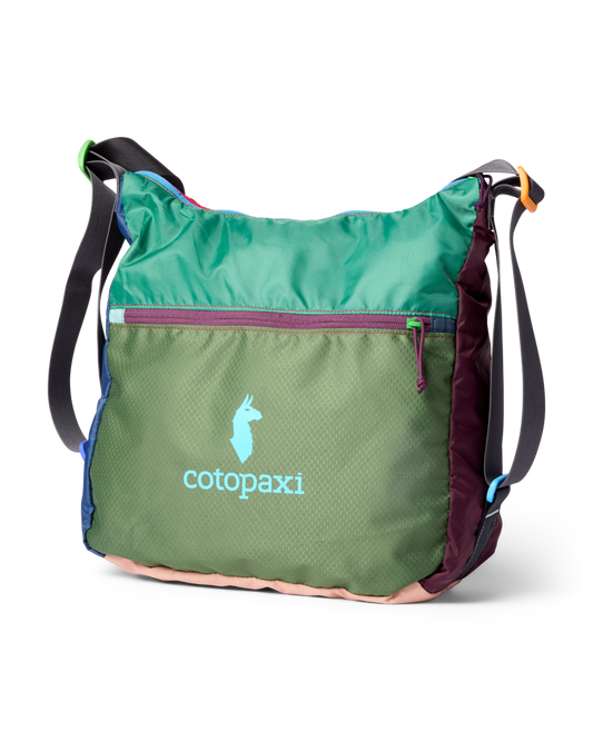 A green, purple, and pink crossbody bag with the word "cotopaxi" and a llama logo.