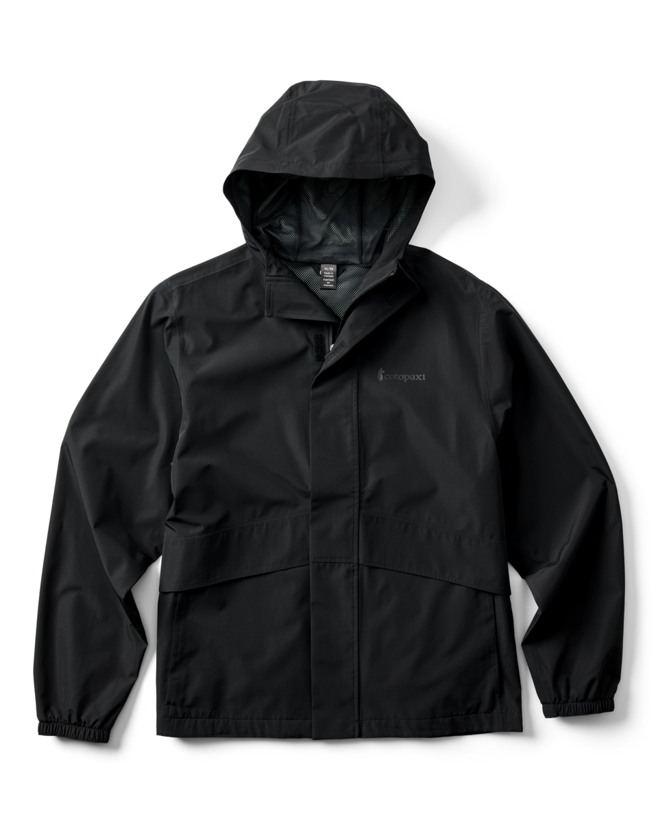 Black rain jacket with hood and pockets.