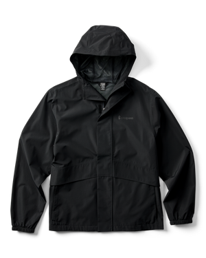 Black rain jacket with hood and pockets.