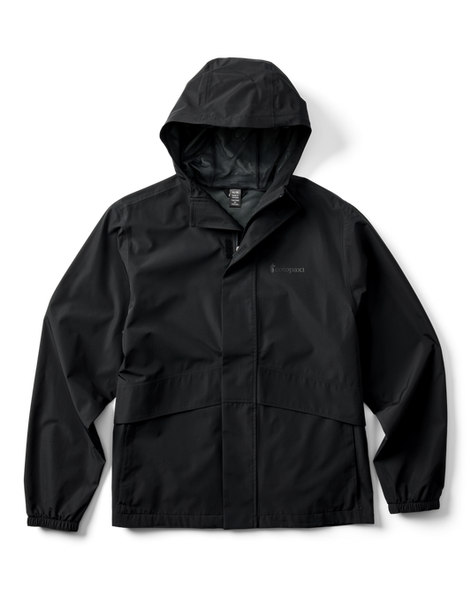 Black rain jacket with hood and pockets.
