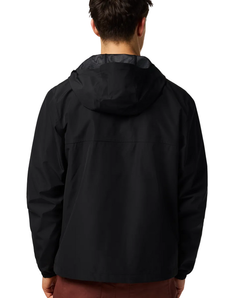 Back view of a person wearing a black hooded jacket.