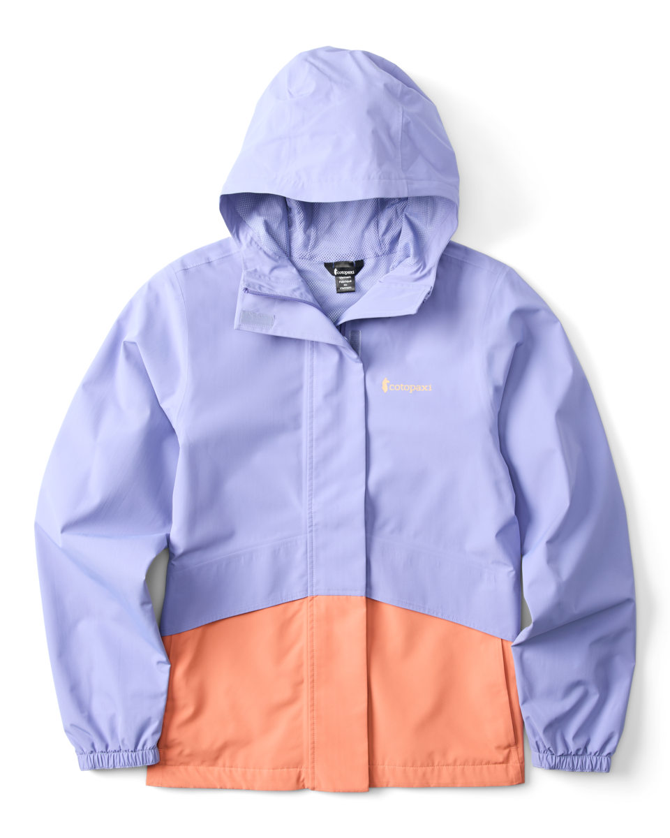 Lilac hooded jacket with coral color block, elastic wrists and snap closures.