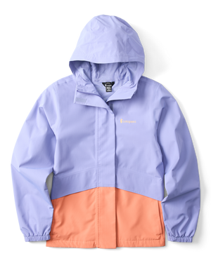 Lilac hooded jacket with coral color block, elastic wrists and snap closures.