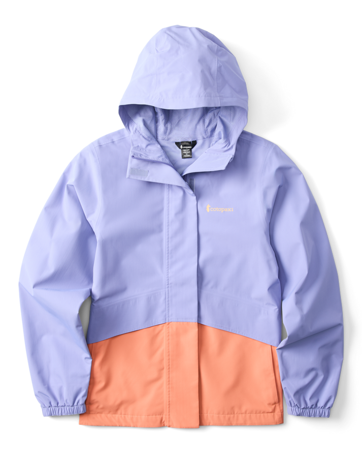 Lilac hooded jacket with coral color block, elastic wrists and snap closures.