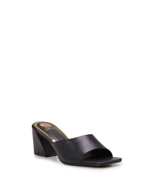 Black block-heeled mule with open toe and a gold accent inside.