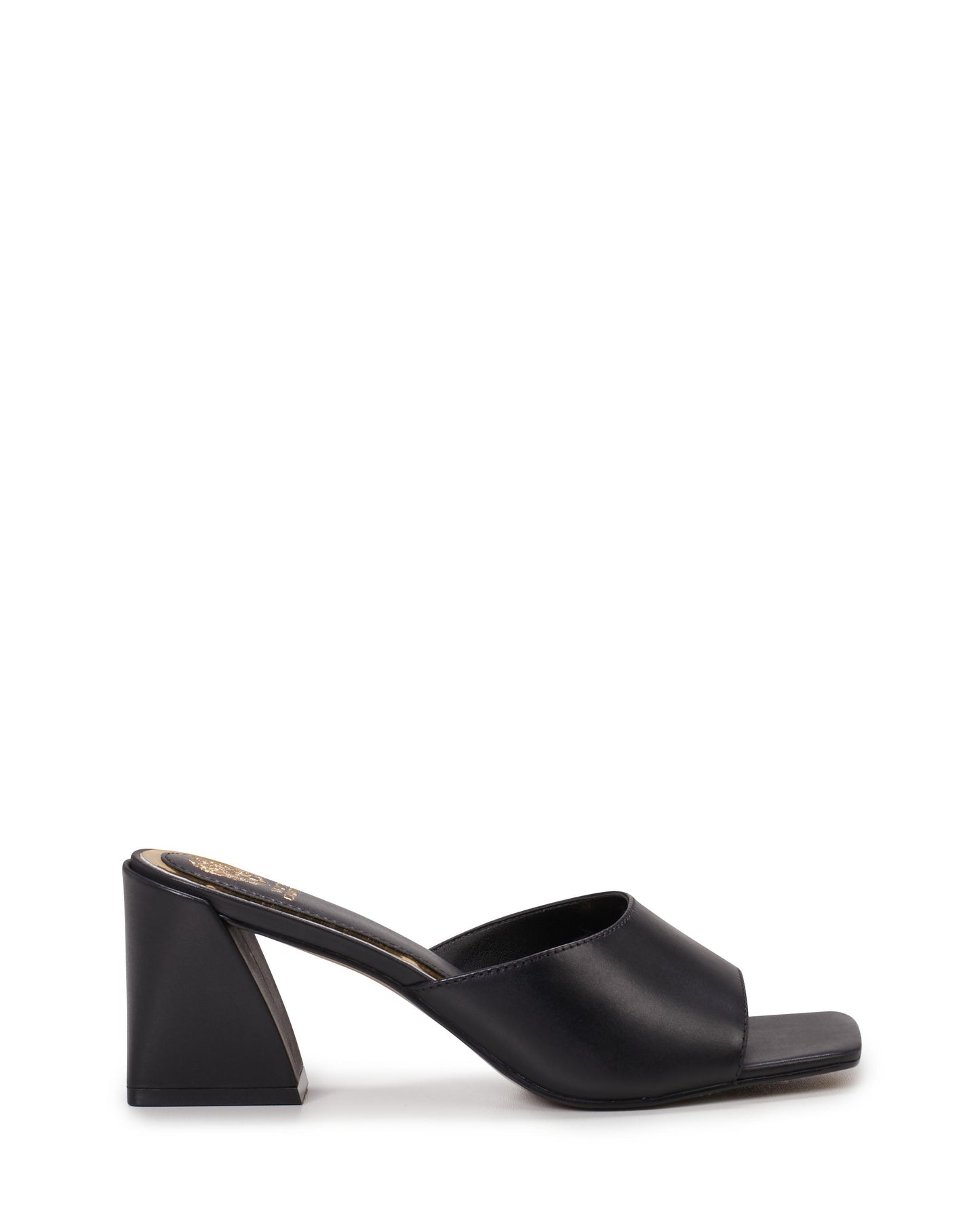 Black faux leather heeled mule with a chunky block heel and a square toe.