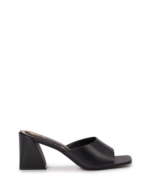 Black faux leather heeled mule with a chunky block heel and a square toe.
