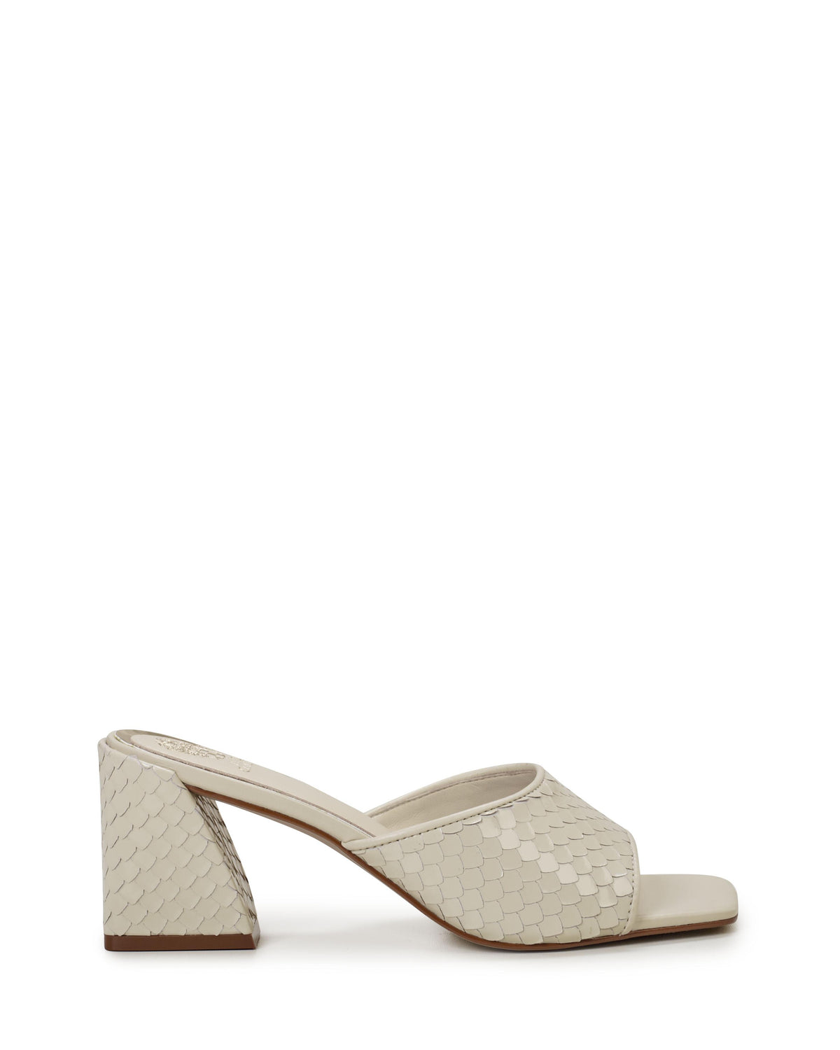 Beige snakeskin block heel mule.