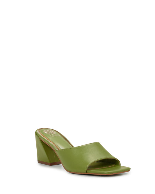 A green, heeled mule with a block heel.