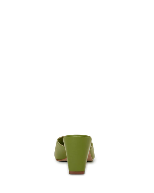 Avocado green leather heeled mules with a block heel.