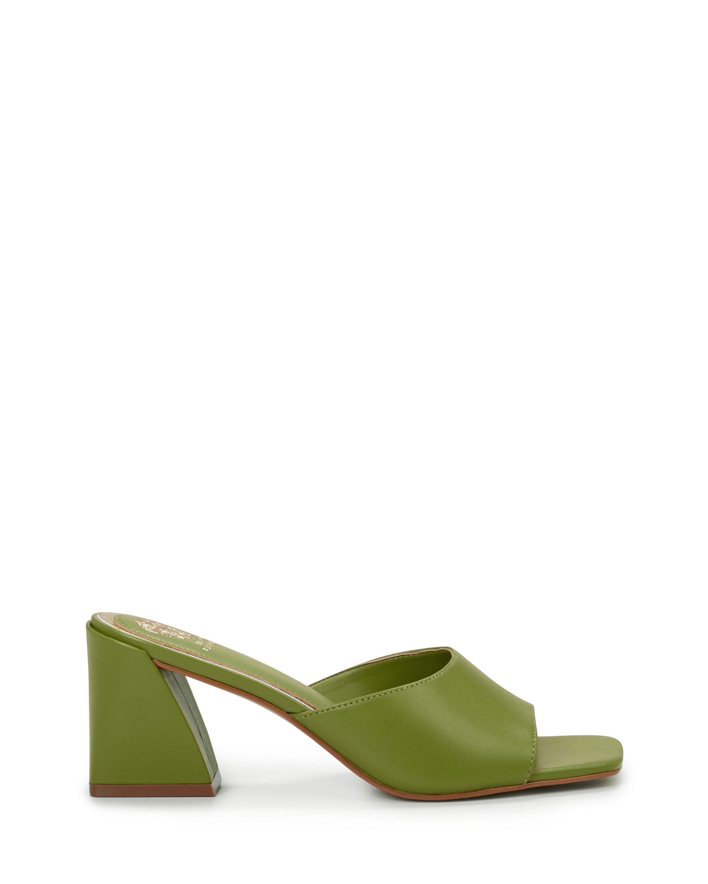 Green heeled mule shoe with a square toe.