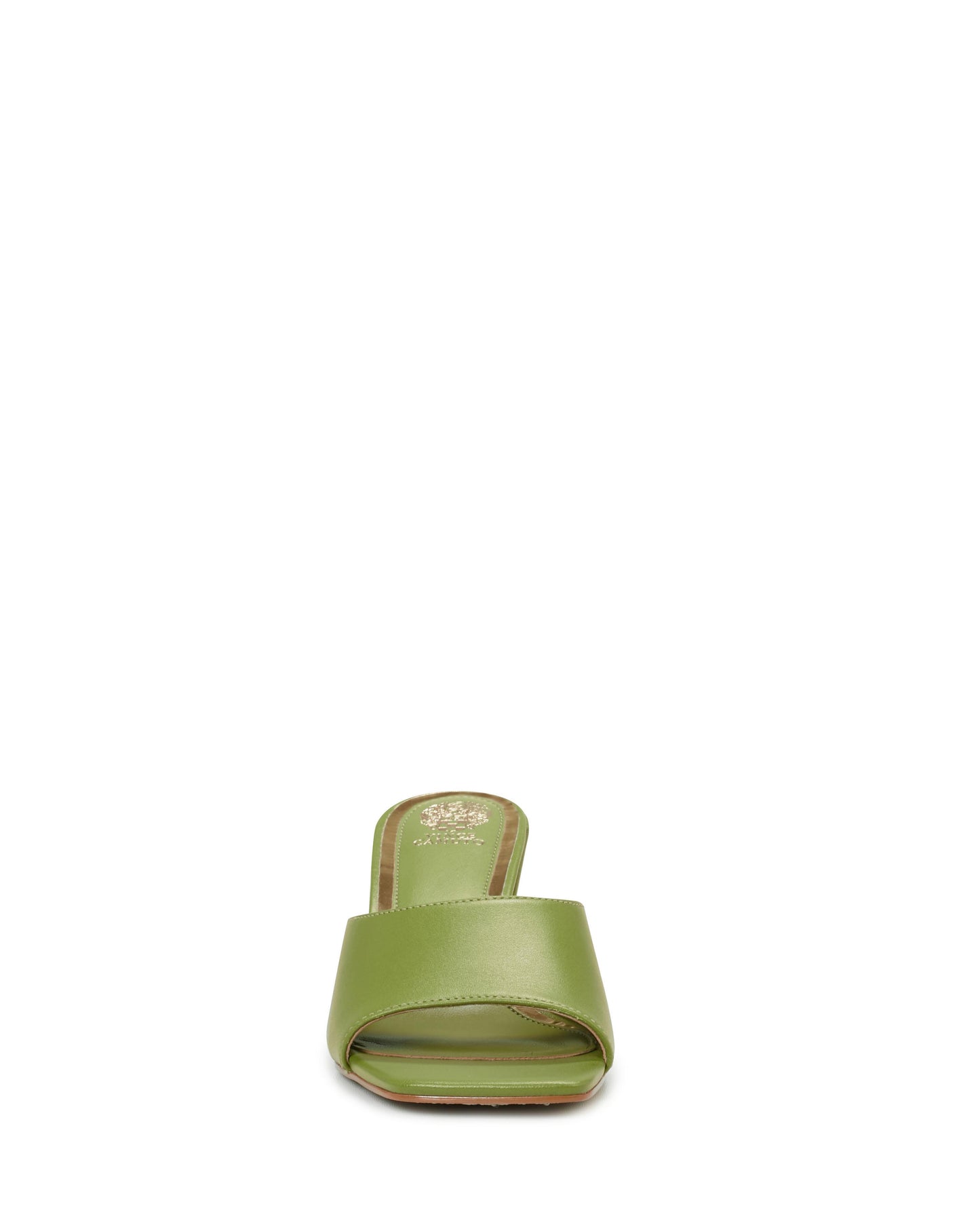 front view of a single lime green sandal with a block heel