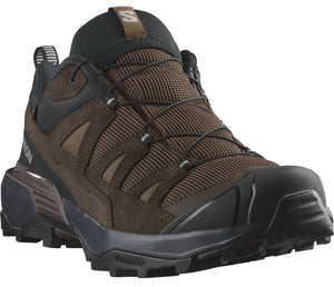 Brown and black hiking shoe with black laces and sole.