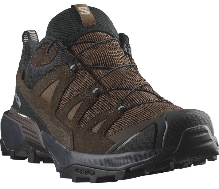 Brown and black hiking shoe with black laces and sole.