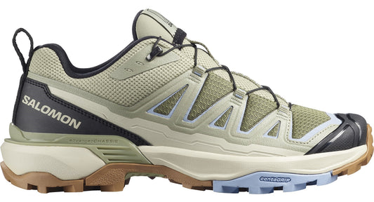 Low profile trail running shoe in olive green with black accents and brown lug sole; "SALOMON" text on side.