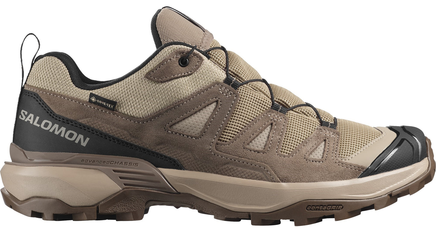 Tan and brown hiking shoe with black accents featuring a GORE-TEX label and 'SALOMON' on the back.