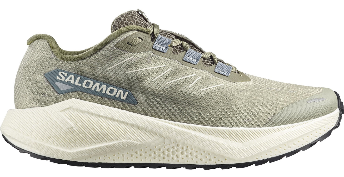 A running shoe with a green mesh upper, white midsole, and black outsole. "SALOMON" is printed on the side.