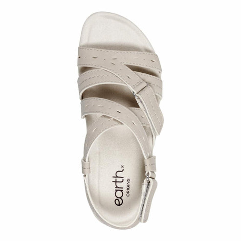 Top-down view of a light-gray sandal with multiple crossing straps and the text 'earth. ORIGINS' on the insole.