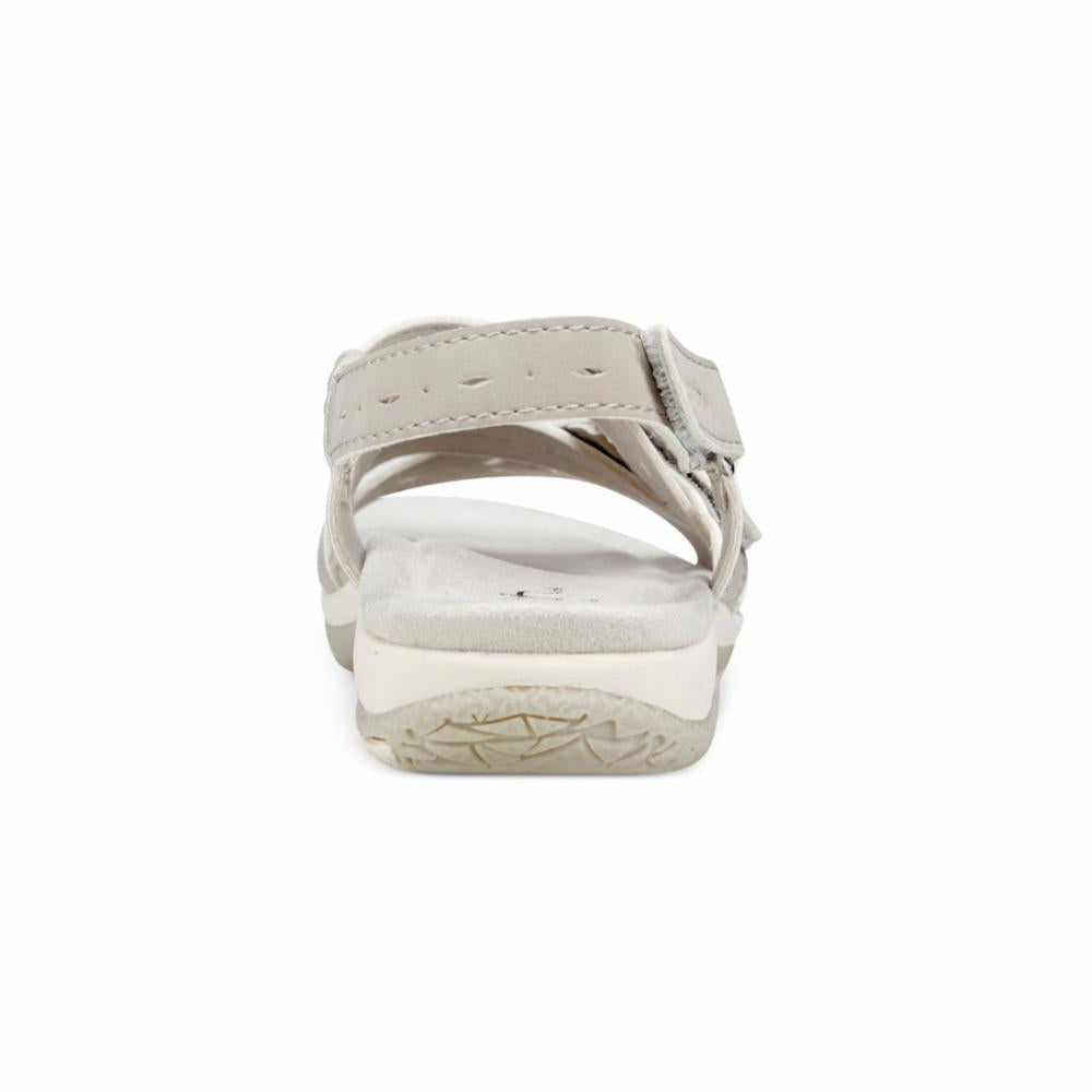 Back view of a light-gray sandal with an adjustable hook and loop strap.