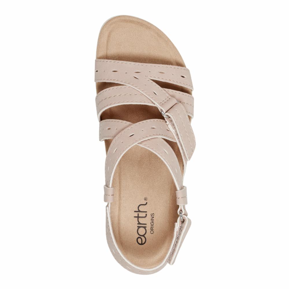 Top-down view of beige-colored Earth Origins sandal with multiple straps and velcro closures.
