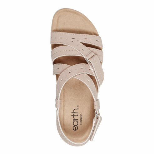 Top-down view of beige-colored Earth Origins sandal with multiple straps and velcro closures.