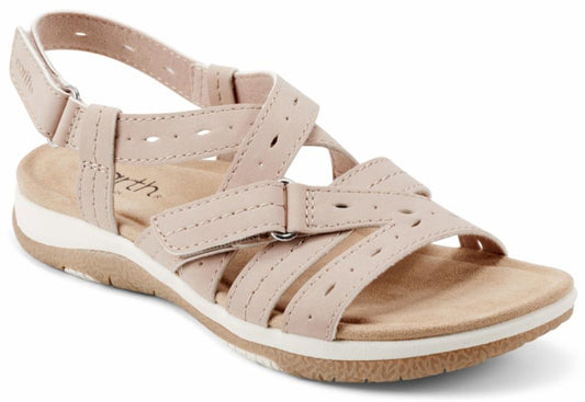 Tan sandal with criss-cross straps, perforations, and a back strap.