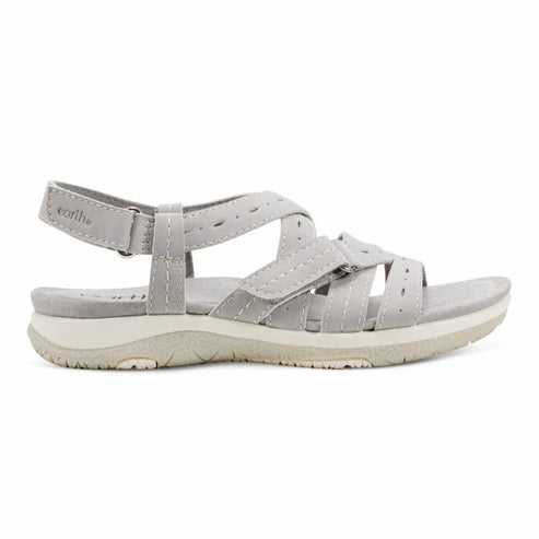 Grey sandal with adjustable straps and buckle.