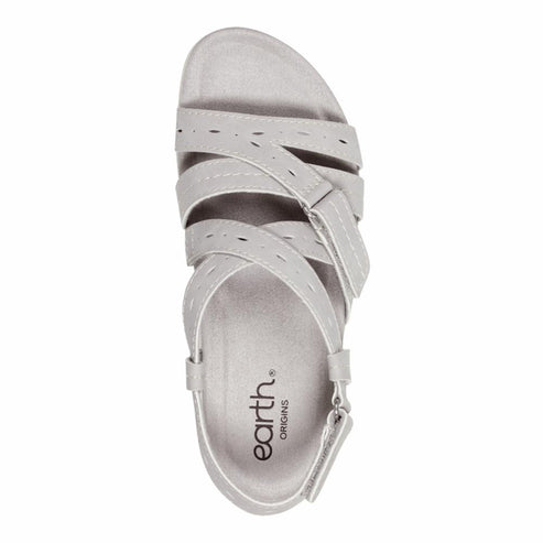 A gray sandal with multiple straps and visible logo "earth. ORIGINS" on the insole.