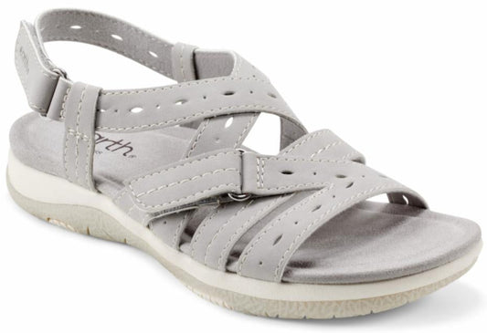 Gray sandal with criss-cross straps and adjustable back strap.