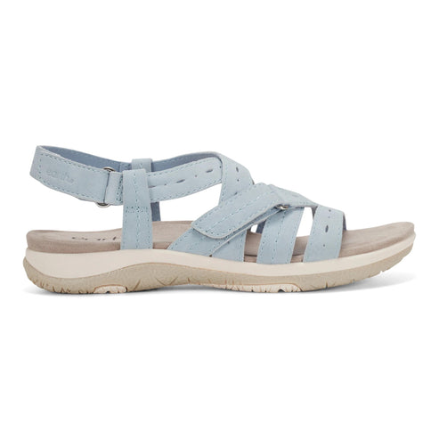Light blue sandal with adjustable straps and a low, beige sole.