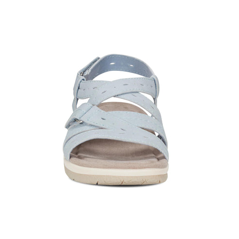 Light blue sandal with adjustable ankle strap and overlapping straps.