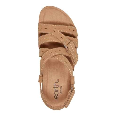 Tan sandal with multiple straps and velcro closures.