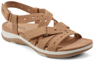 Tan-colored women's sandal with crisscross straps, ankle strap, perforated details, and a white midsole.