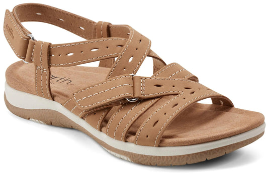 Tan-colored women's sandal with crisscross straps, ankle strap, perforated details, and a white midsole.