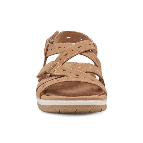 Tan sandal with multiple straps and a velcro closure.