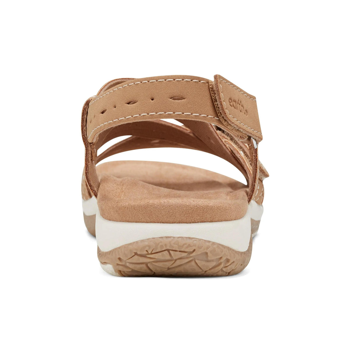 Tan sandal with velcro straps and white sole, rear view.