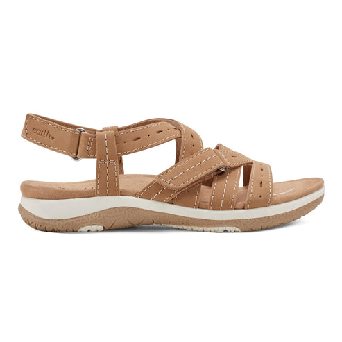 Tan sandal with hook and loop adjustable straps and white midsole.