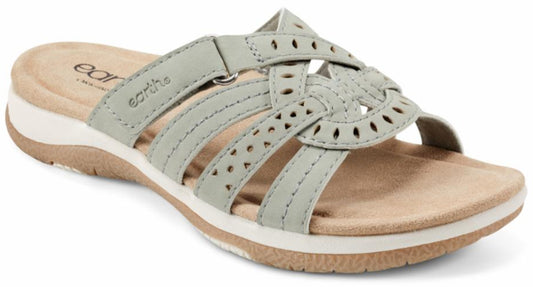 Slip-on sandal with multiple gray straps featuring cut-out designs on a beige sole.