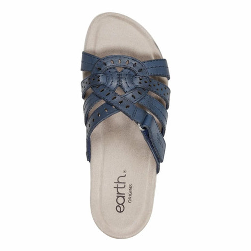 Earth Origins sandal with multiple navy blue leather straps, side velcro closure, beige footbed