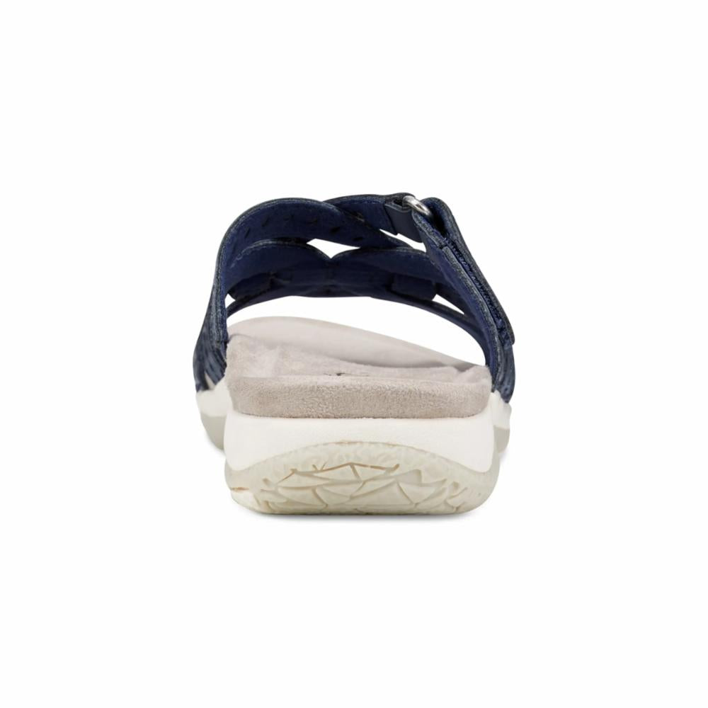 Navy slide sandal with braided straps and a cushioned footbed.