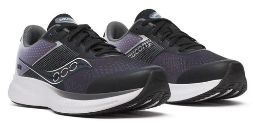 A pair of black athletic shoes with white soles.