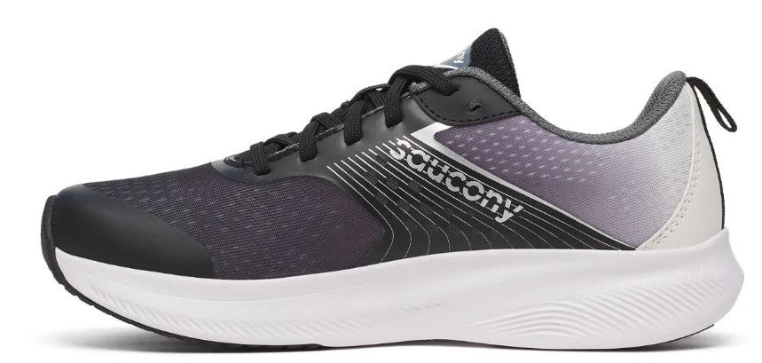 A Saucony sneaker is black and white.