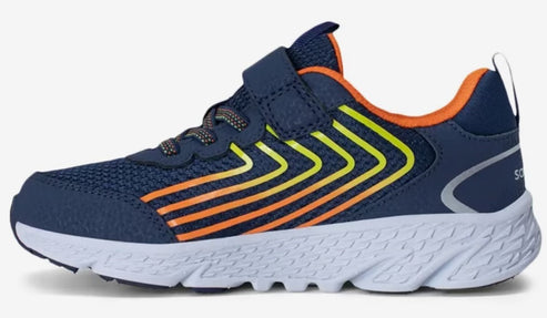 Side view of a navy blue kids' sneaker with orange and yellow stripes, velcro strap and a white sole.